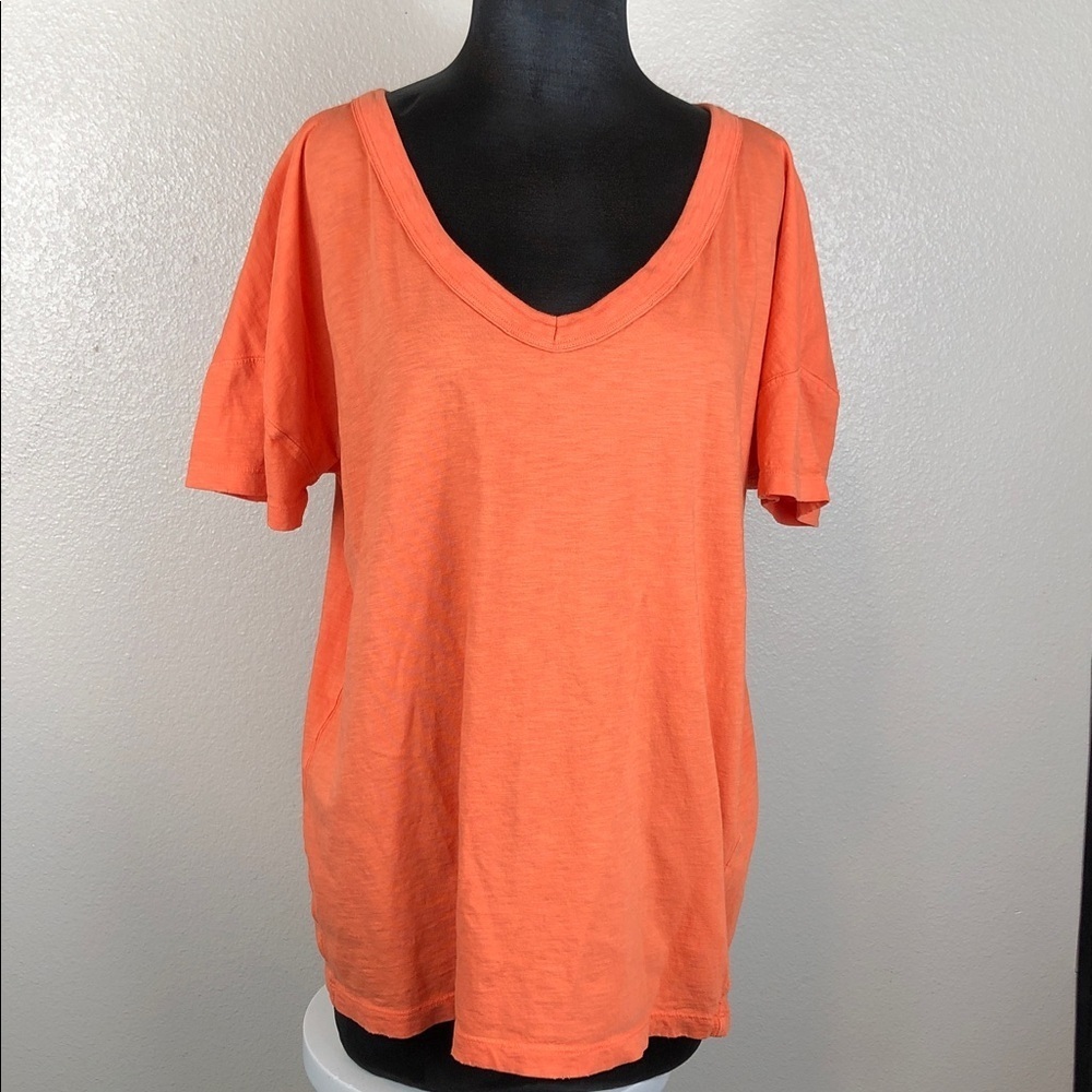 Aerie T-Shirt Boyfriend Style Orange V-Neck Oversized Cotton Size XS